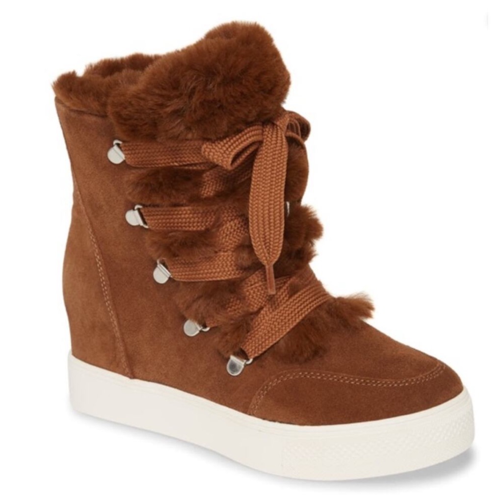Steve Madden Wharton 100% Leather Suede Faux Fur Lace Up Boots Brown Size 8